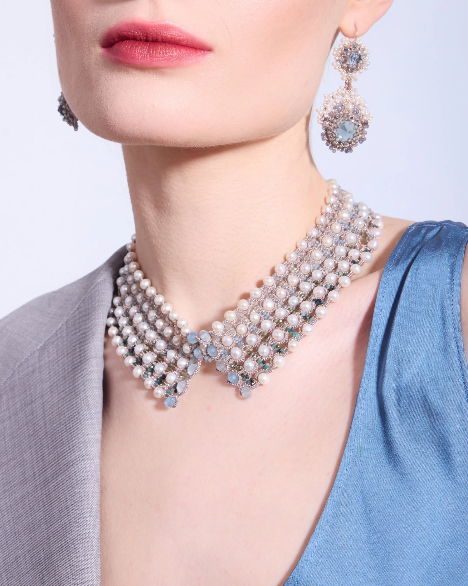 AFRODITA EARRINGS in Silk, Gold, Silver color Blue side view with decorative details and quality finishes