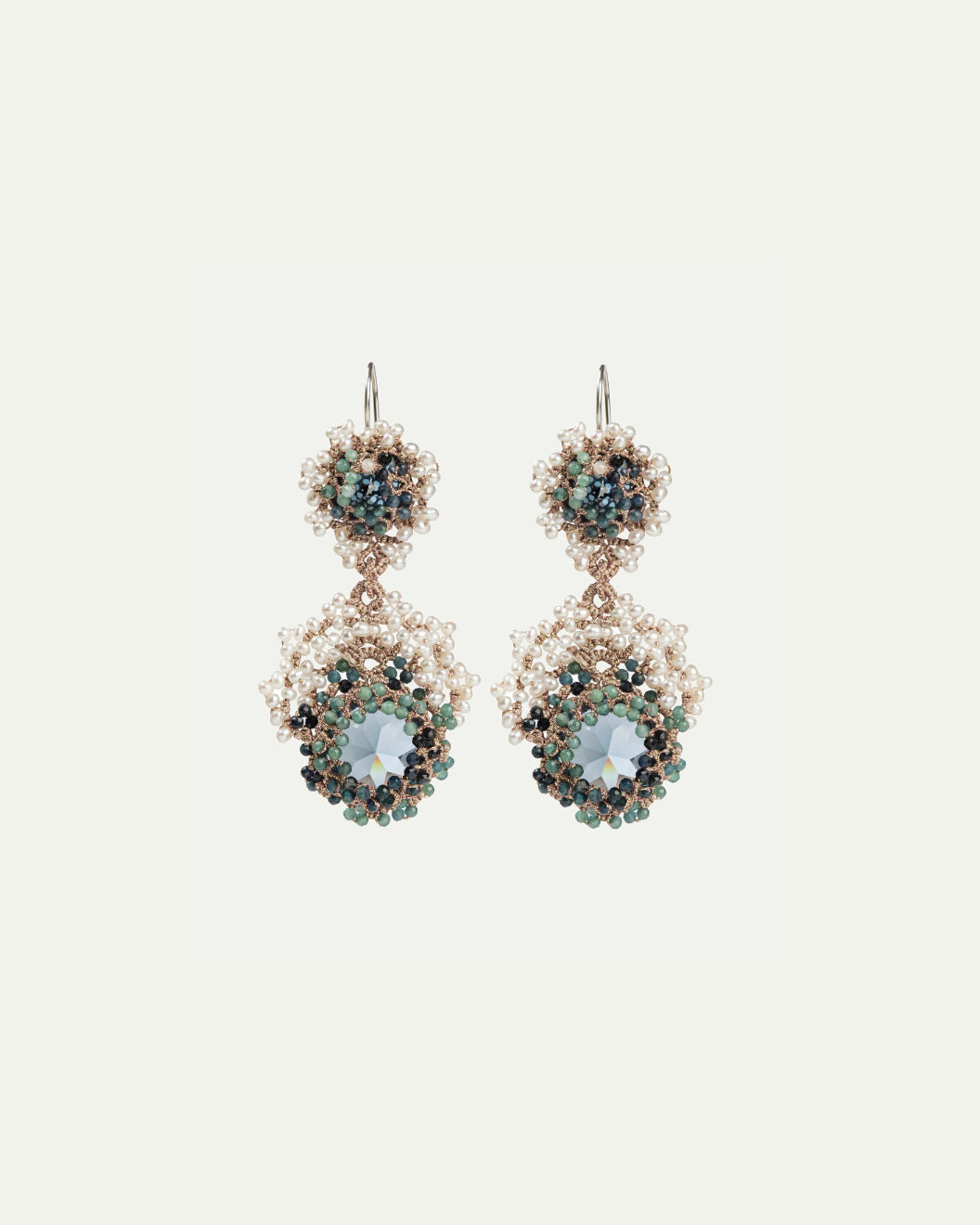 Blue silk earrings with gold, silver, and freshwater pearls detailing, featuring intricate texture.