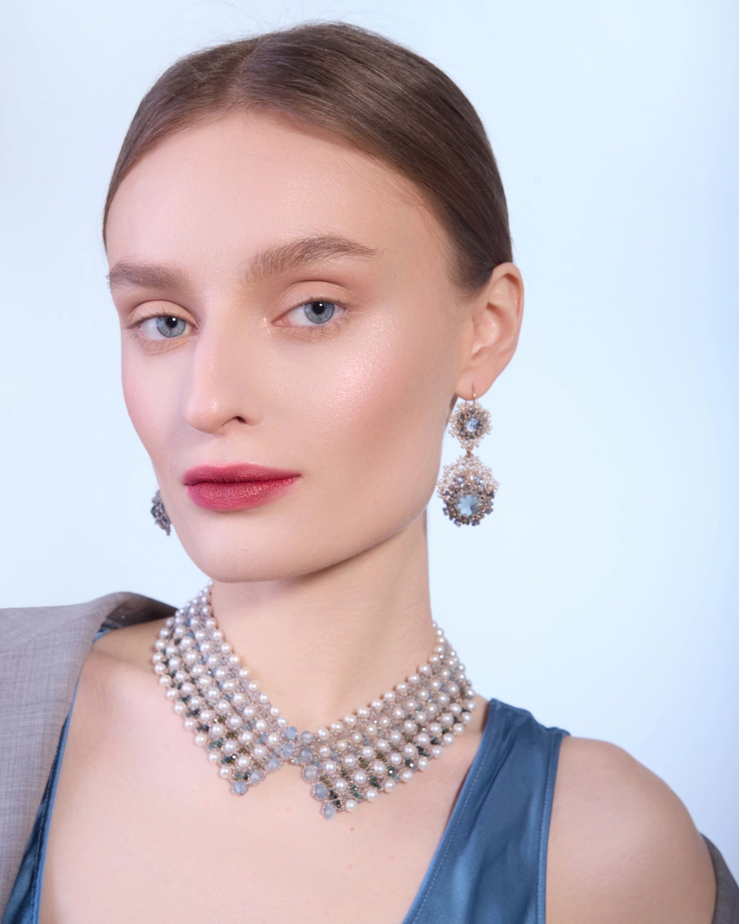 AFRODITA EARRINGS in Silk, Gold, Silver color Blue close-up view with premium look and attention to detail