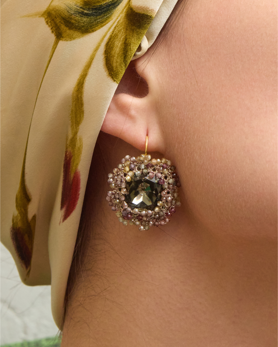 ANDRA EARRINGS with multicolored sapphire gemstones, crystal centerpiece, silk threads, and gold-plated hooks.
