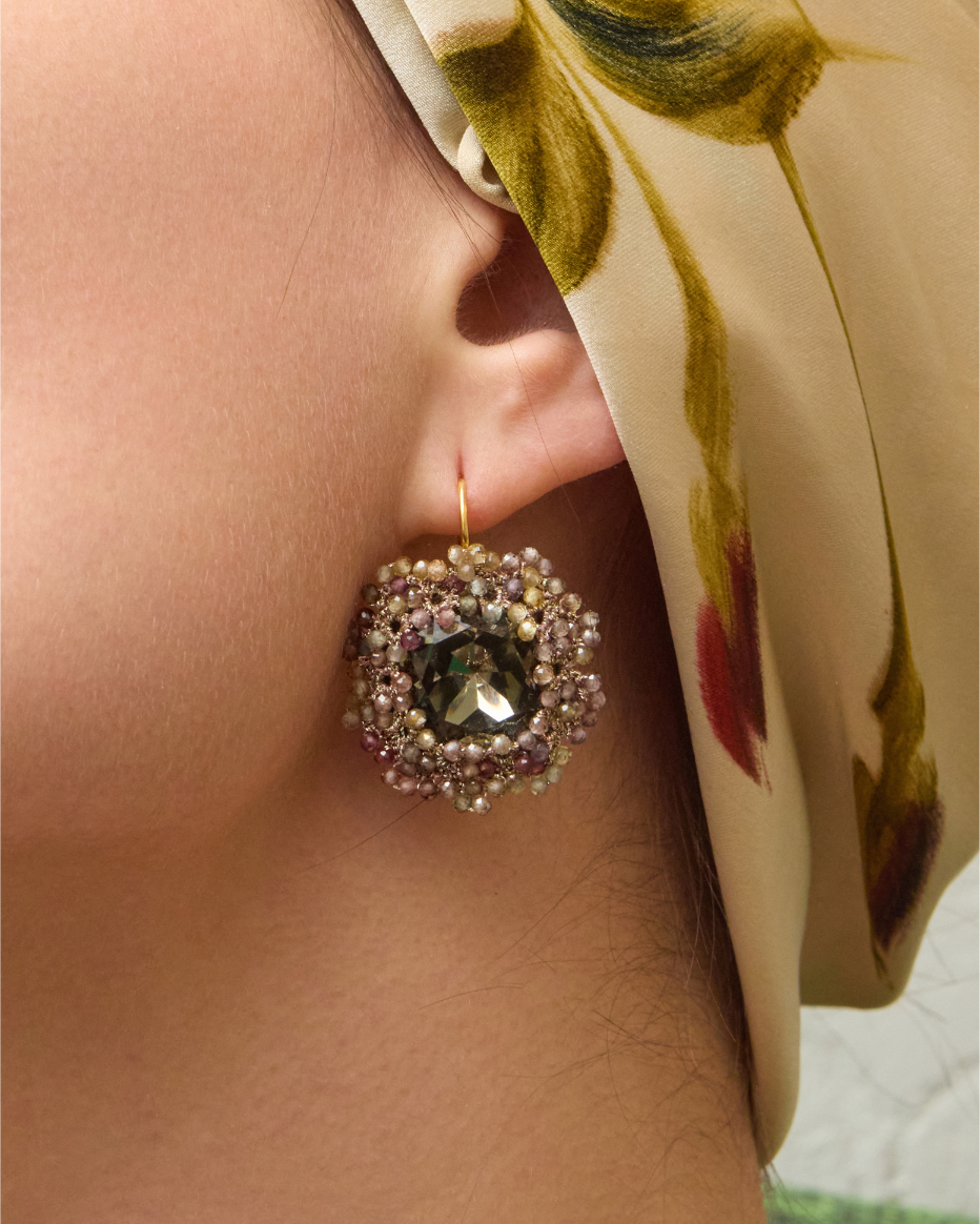 ANDRA EARRINGS in Silk, Gold, Crystal color Multicolor side view with decorative details and quality finishes