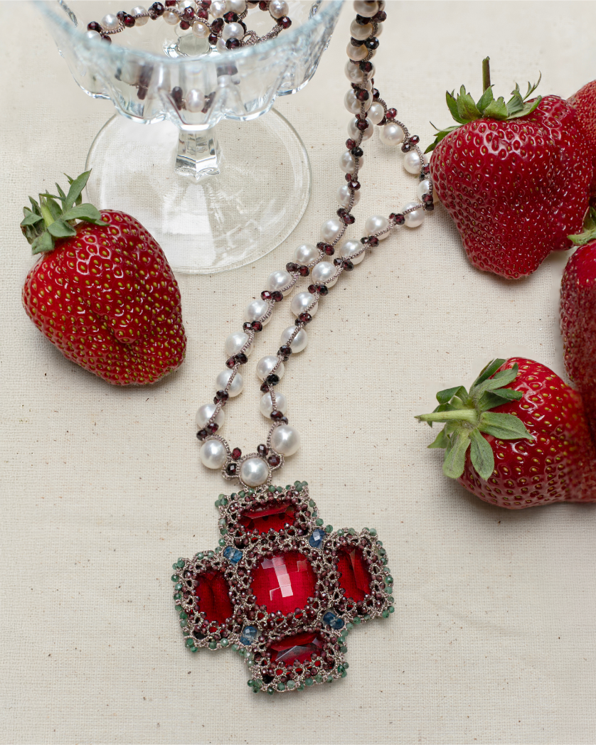 ANYA PENDANT in Silk, Pearl, Pearls color Red front view with elegant and refined design