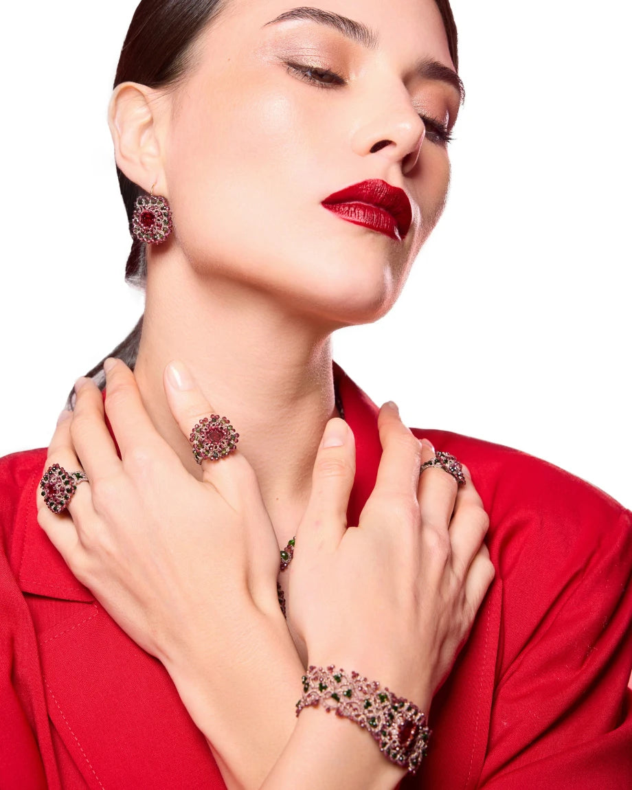 ARACELI EARRINGS in Silk, Gold, Silver color Red side view with decorative details and quality finishes