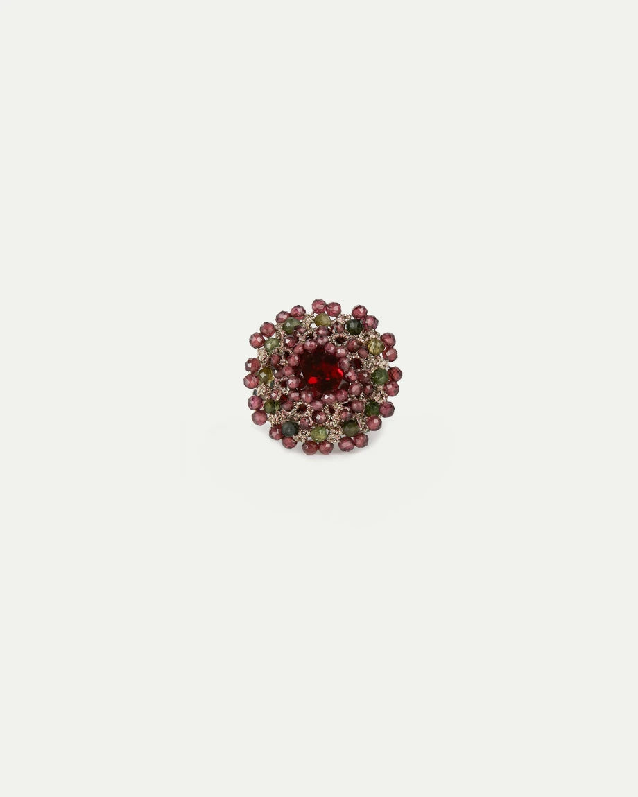 ARACELI RING in Silk, Crystal, Garnet color Red front view with elegant and refined design