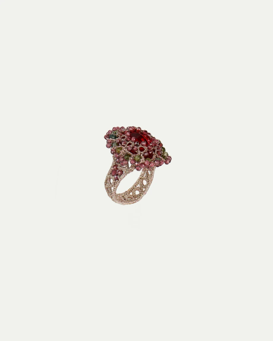 ARACELI RING in Silk, Crystal, Garnet color Red detail view with classic and elegant design