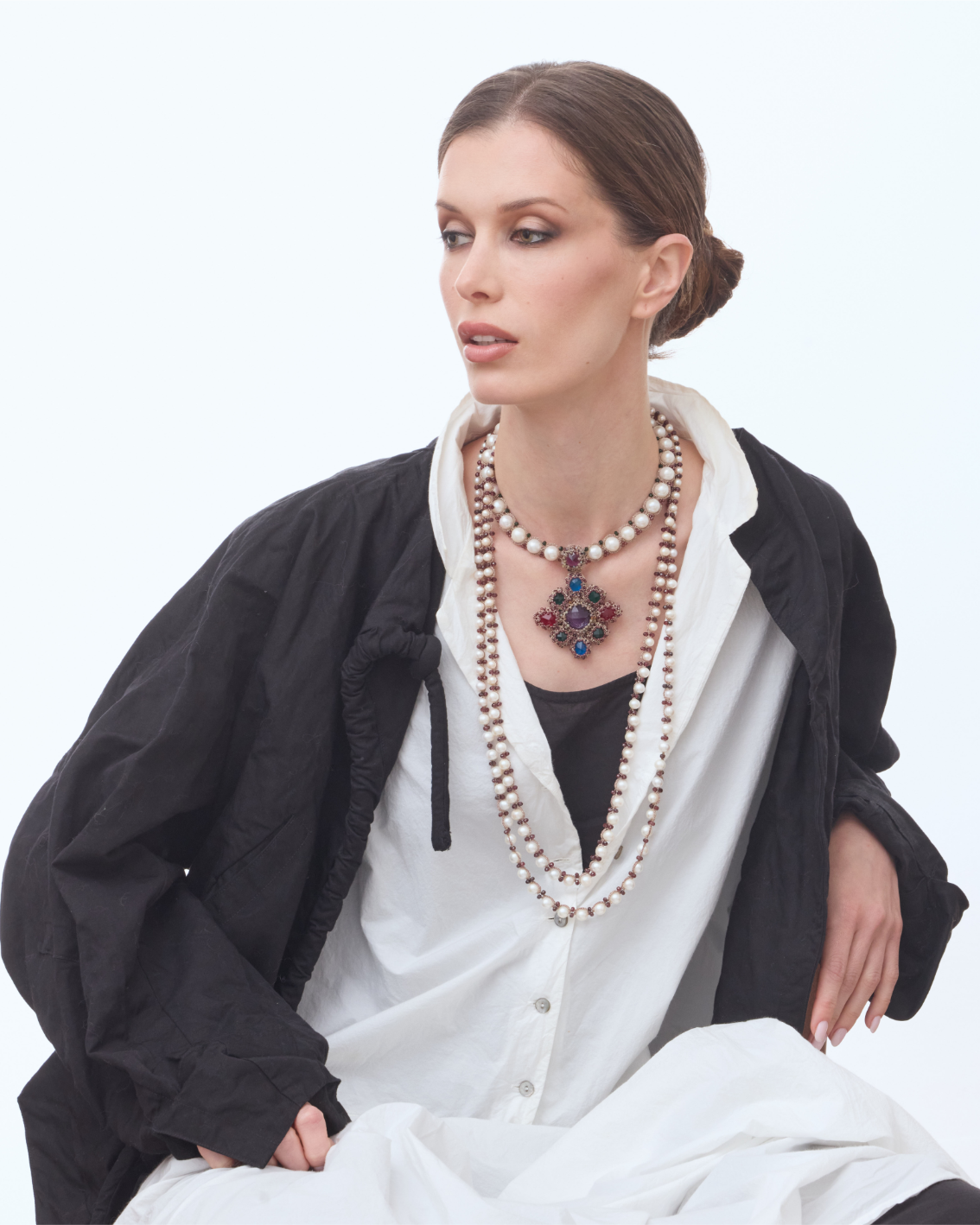 ATENA PENDANT in Silk, Pearl, Pearls color Red angle view with superior finishes and refined design