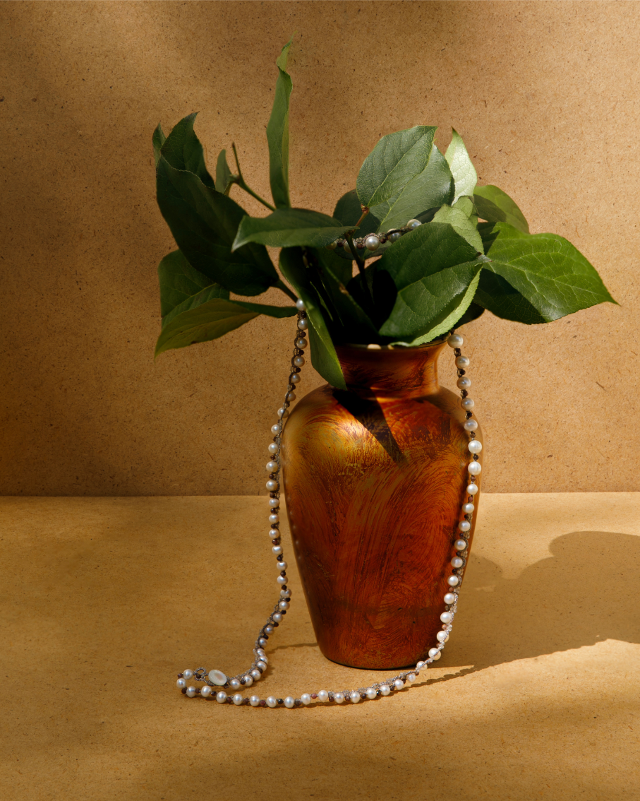 ATENA PENDANT in Silk, Pearl, Pearls color Red full view with sophisticated look and elegance