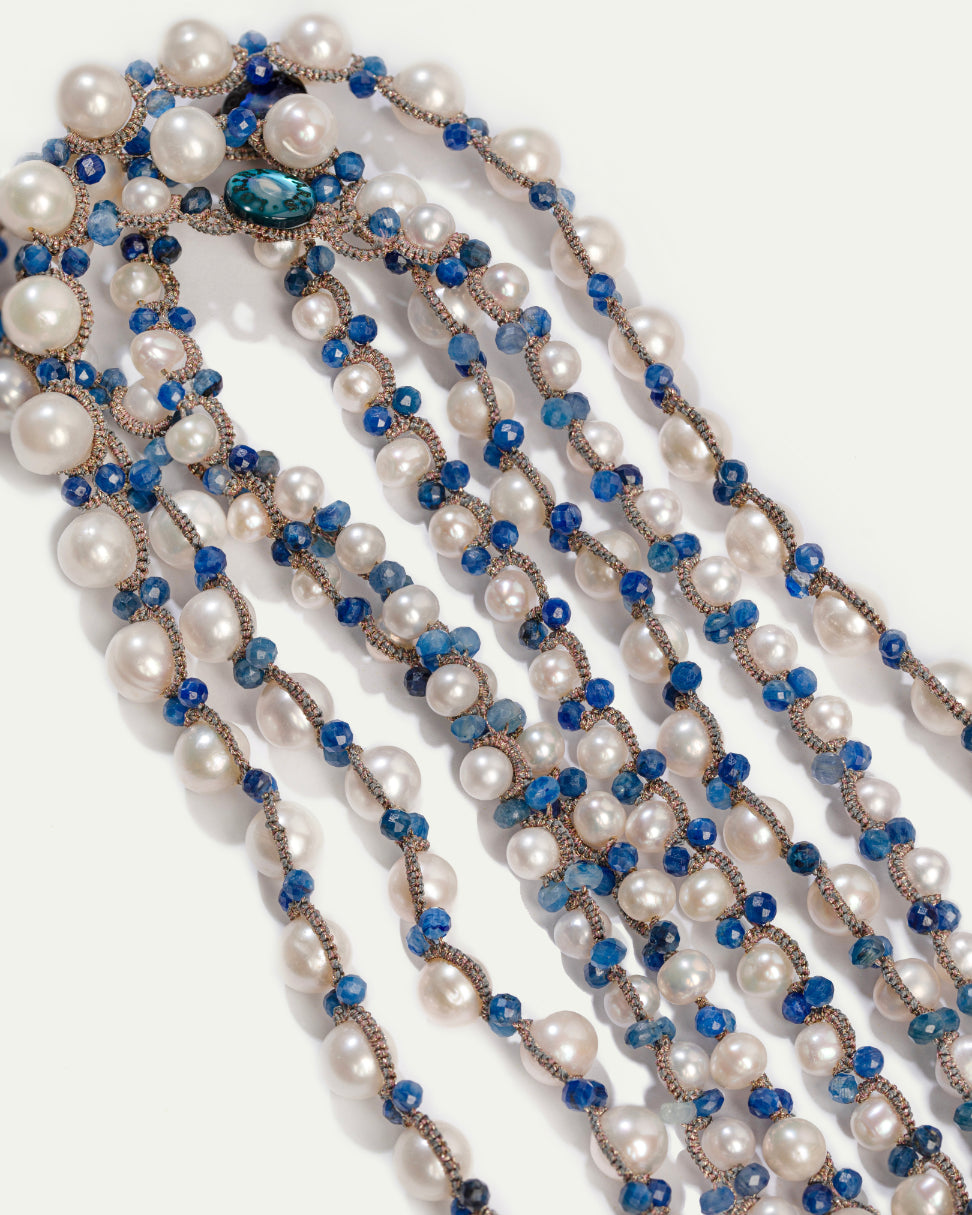 ATENA PENDANT in Silk, Pearl, Pearls color Blue detail view with classic and elegant design