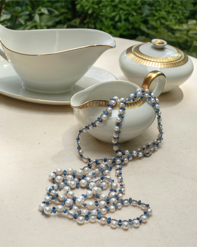 ATENA PENDANT in Silk, Pearl, Pearls color Blue full view with sophisticated look and elegance