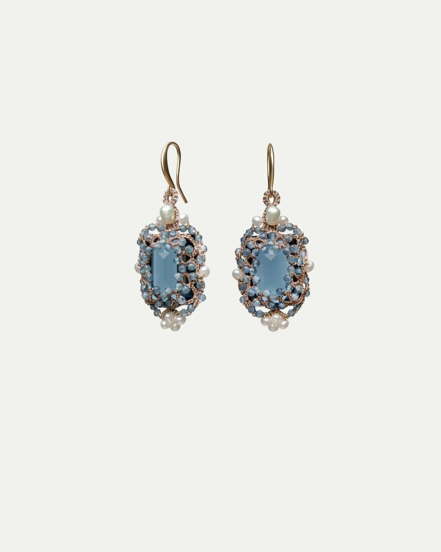 AUDREY EARRINGS in Silk, Gold, Silver color Blue close-up view with premium look and attention to detail