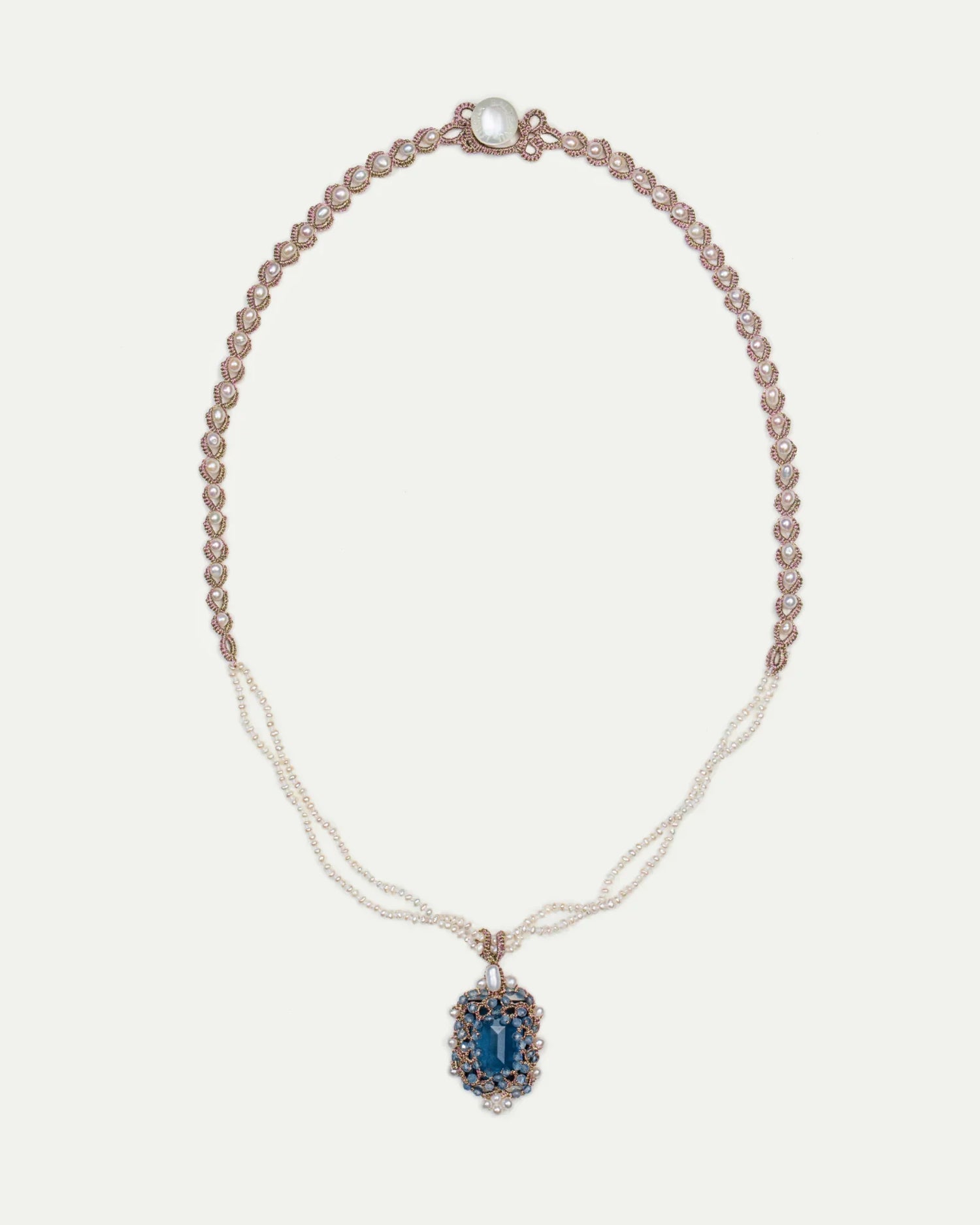 AUDREY NECKLACE in Silk, Pearl, Pearls color Blue front view with elegant and refined design
