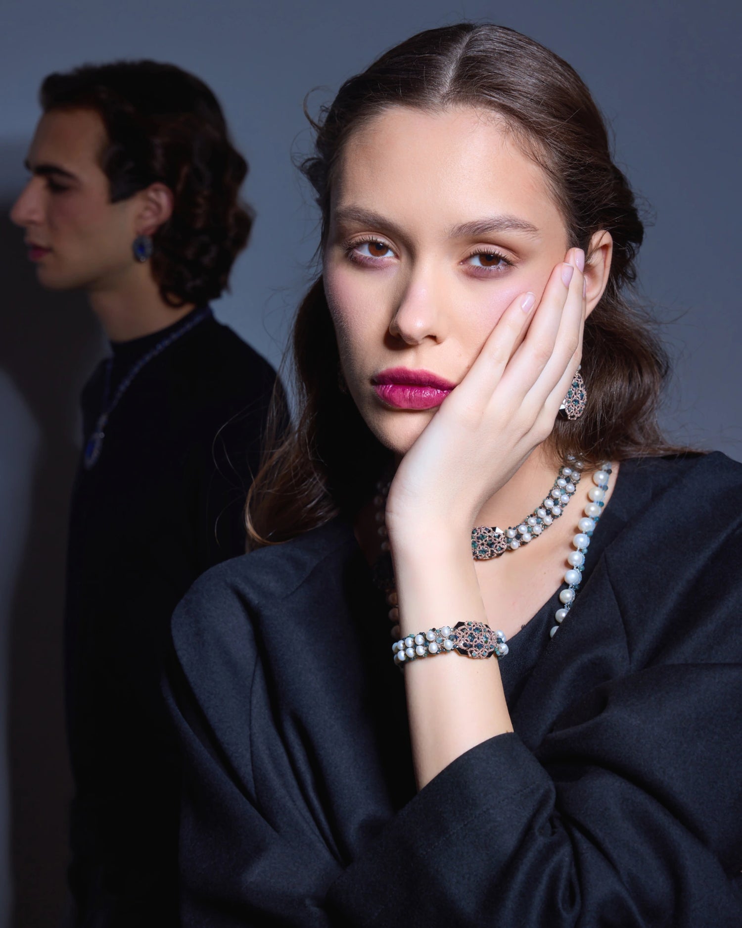 BARI BRACELET in Silk, Pearl, Pearls color Blue side view with decorative details and quality finishes