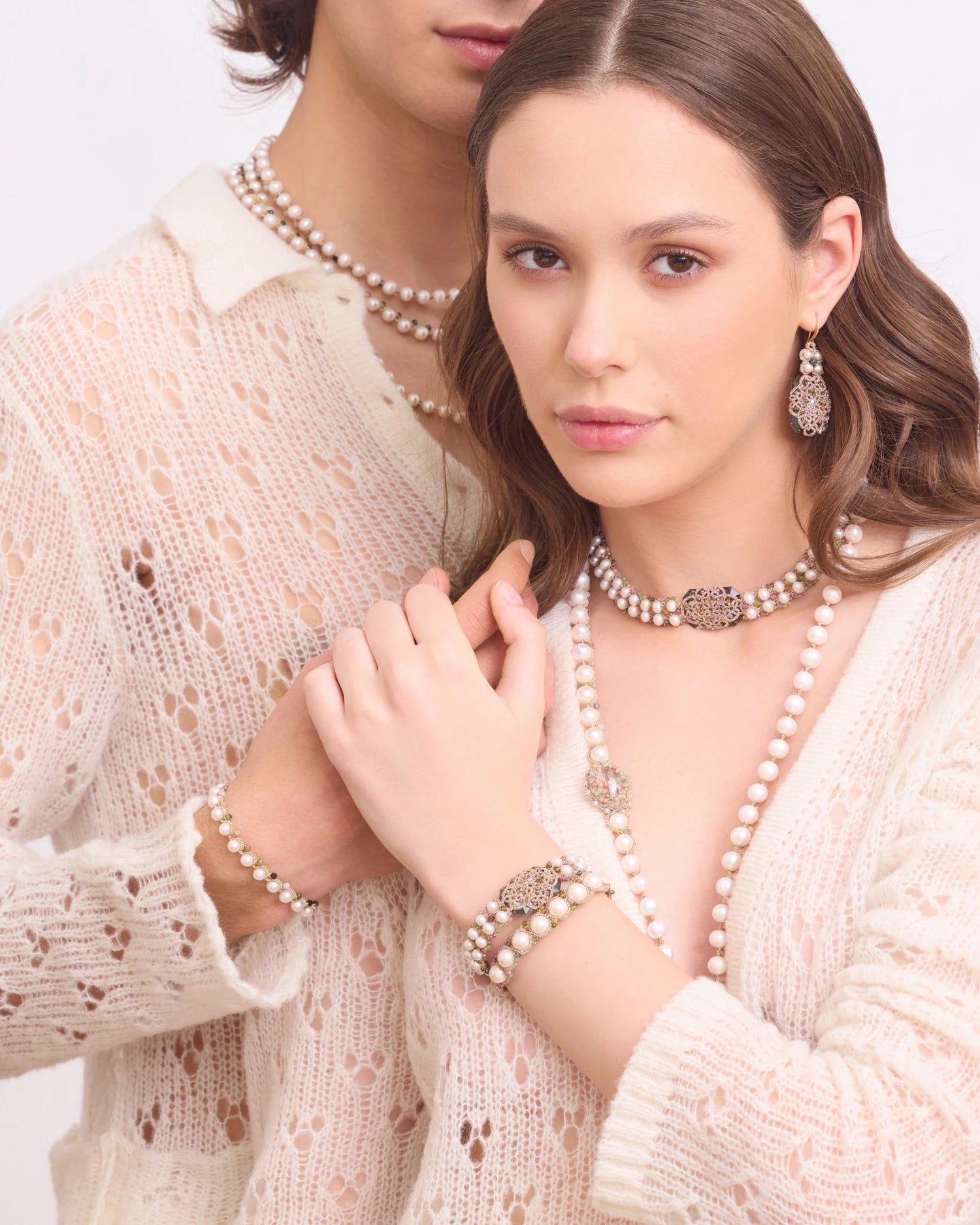 BARI EARRINGS in Silk, Gold, Silver color White front view with elegant and refined design