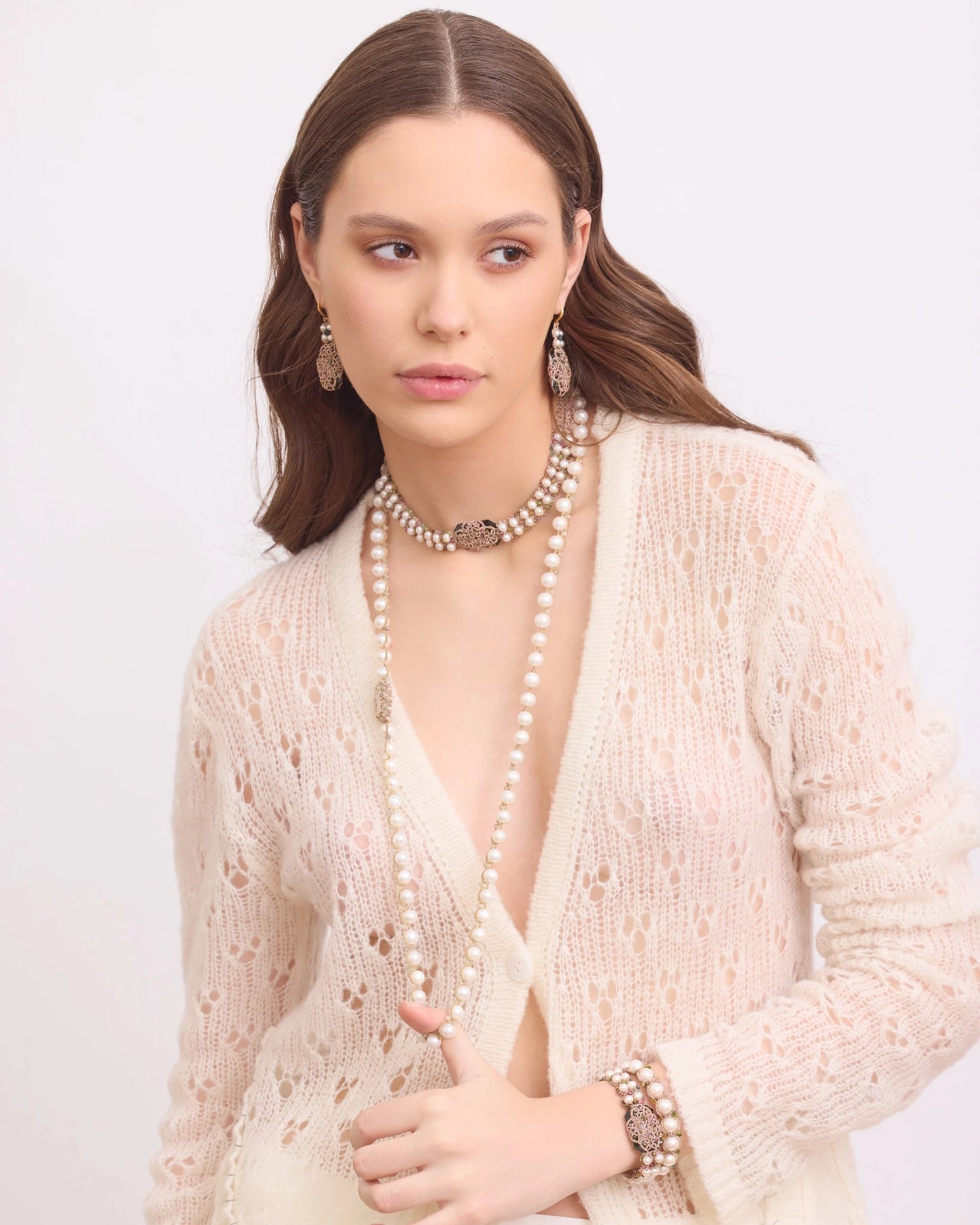 BARI EARRINGS in Silk, Gold, Silver color White full view with sophisticated look and elegance