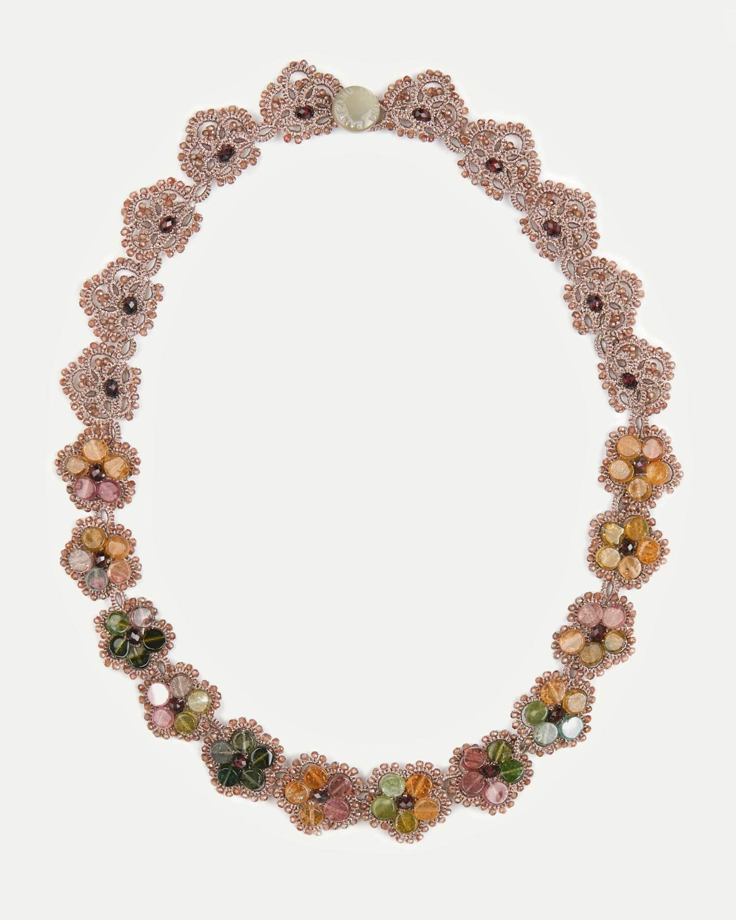 CALLA NECKLACE in Silk, Pearl, Garnet color Gold front view with elegant and refined design