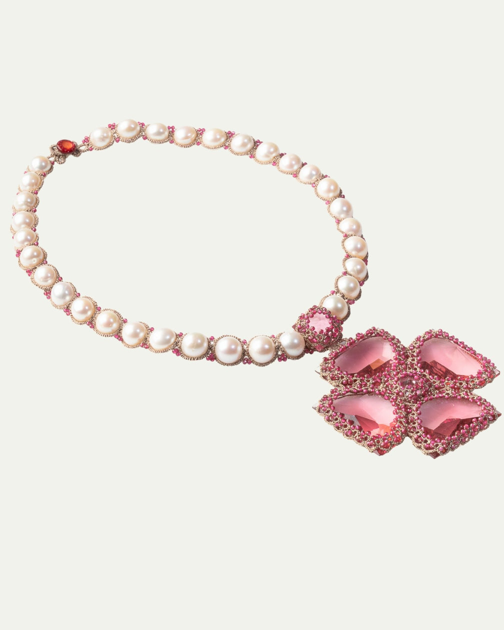 CASSIOPEIA NECKLACE in Silk, Pearl, Crystal color Rose front view with elegant and refined design