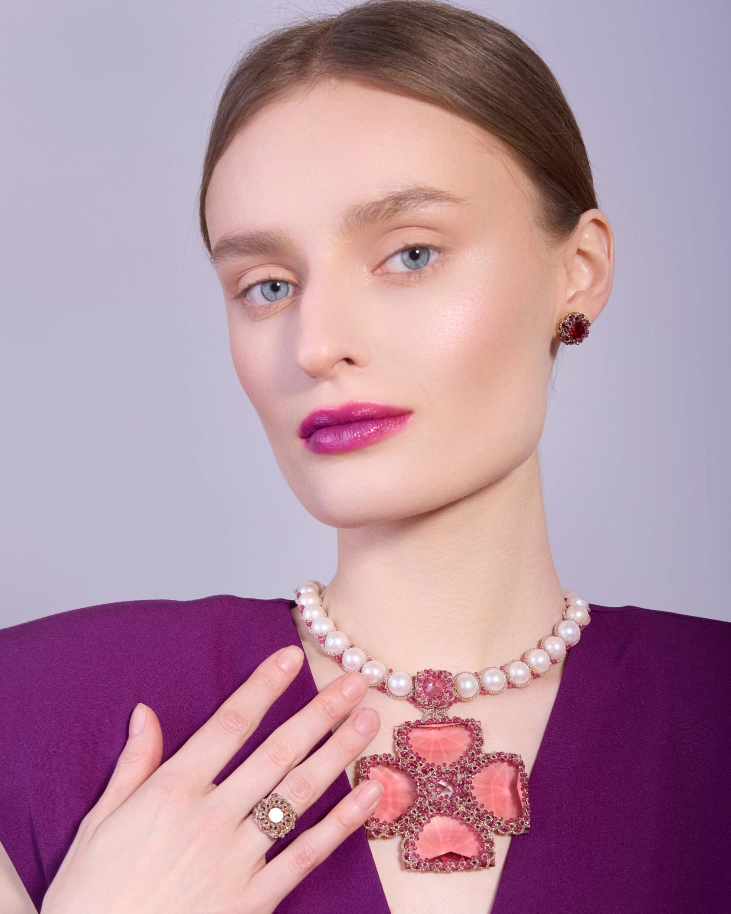 CASSIOPEIA NECKLACE in Silk, Pearl, Crystal color Rose side view with decorative details and quality finishes