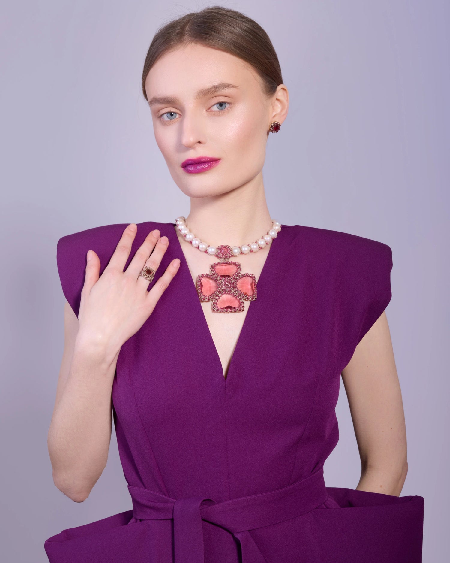 Silk rose Cassiopeia necklace with pearls, crystals, and ruby accents, featuring detailed texture and elegant design.