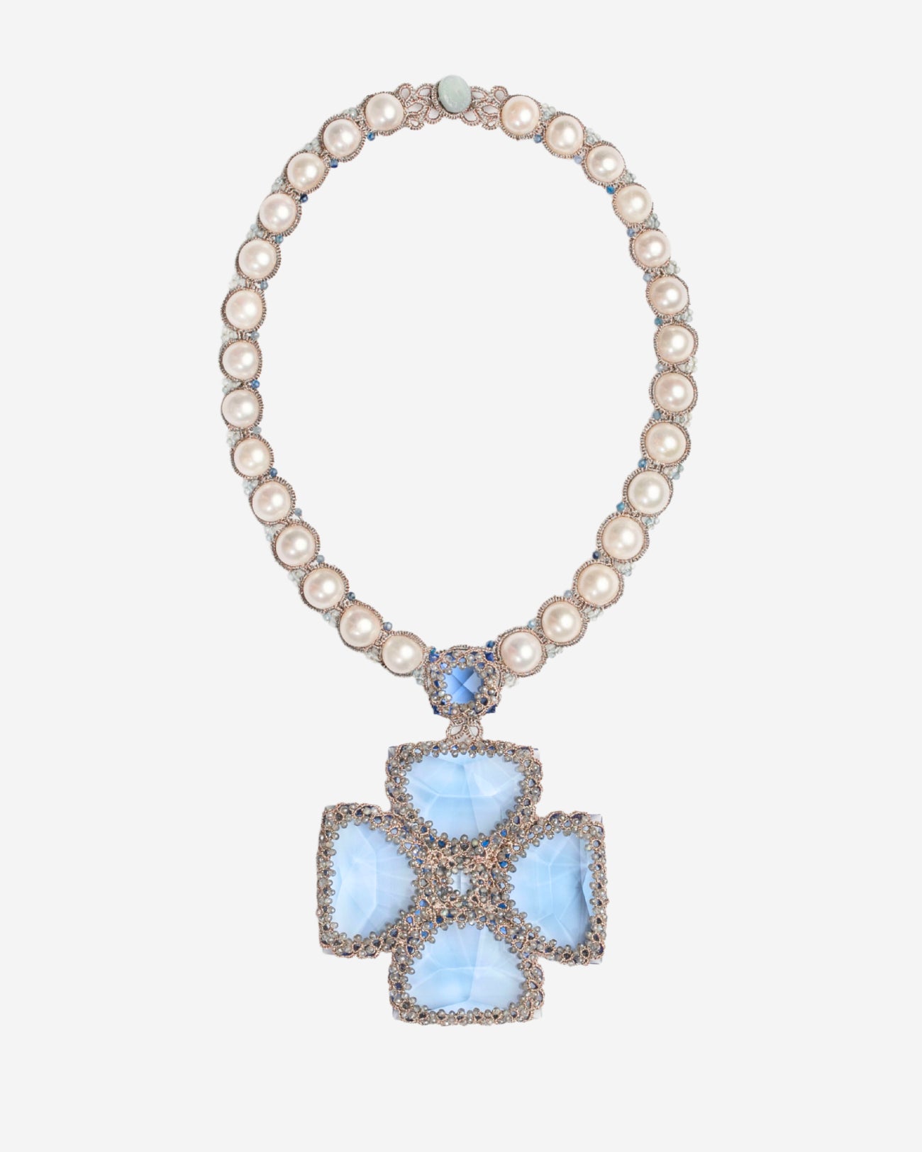 CASSIOPEIA NECKLACE in Silk, Pearl, Pearls color Blue side view with decorative details and quality finishes