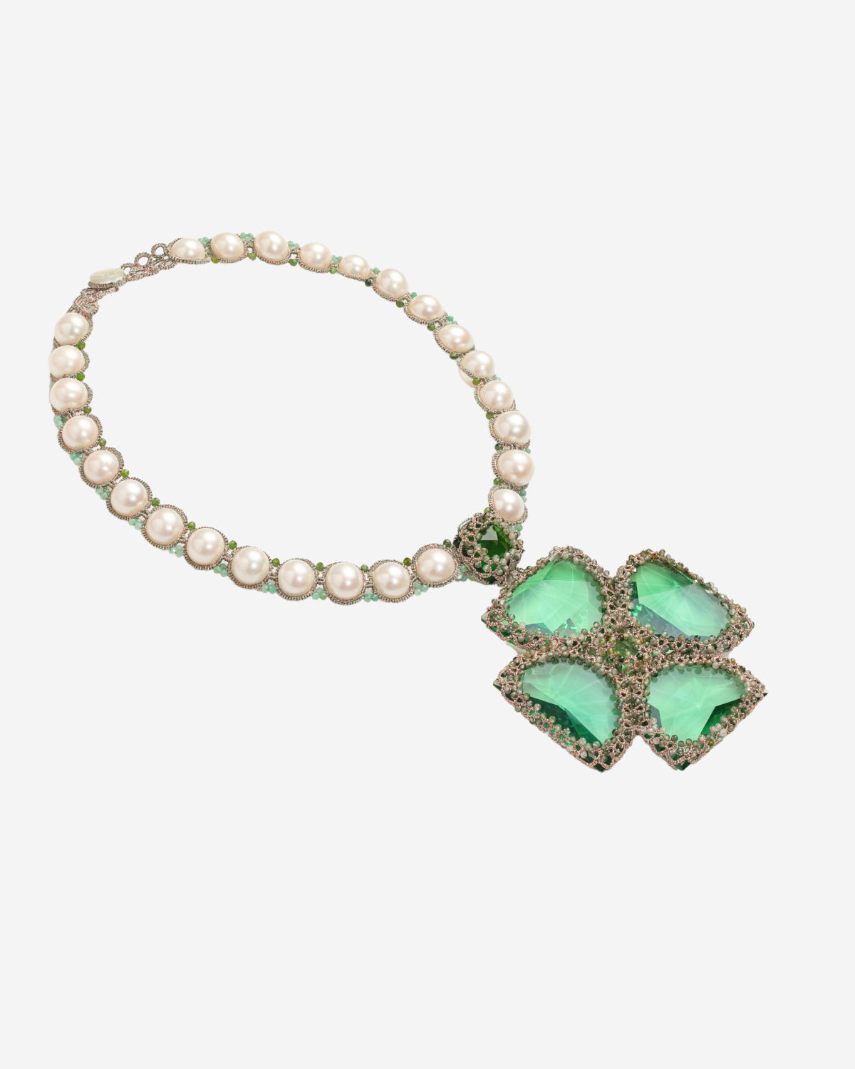 CASSIOPEIA NECKLACE in Silk, Pearl, Pearls color Green close-up view with premium look and attention to detail