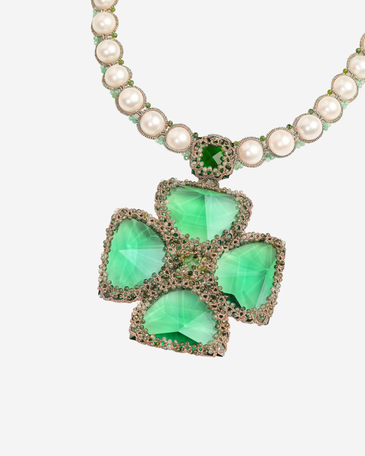 CASSIOPEIA NECKLACE in Silk, Pearl, Pearls color Green angle view with superior finishes and refined design