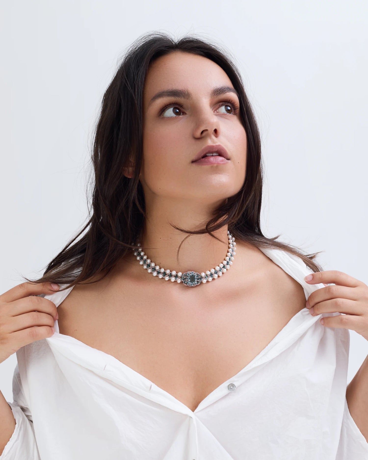 CLEO CHOKER in Silk, Pearl, Pearls color Blue side view with decorative details and quality finishes