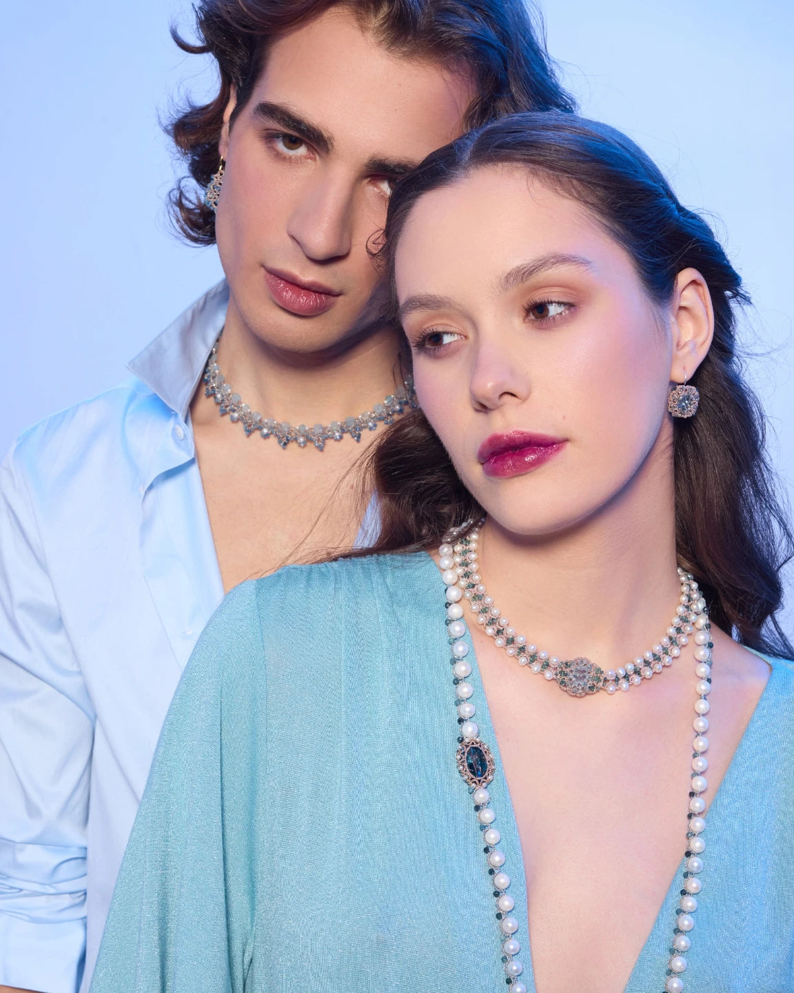 CLEO CHOKER in Silk, Pearl, Pearls color Blue close-up view with premium look and attention to detail