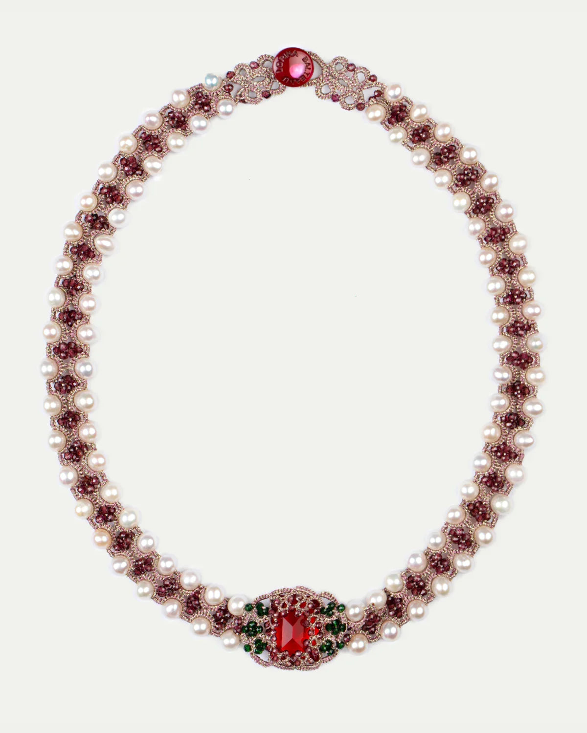 Red CLEO CHOKER with pearls and intricate beadwork featuring a central red gem, side view.