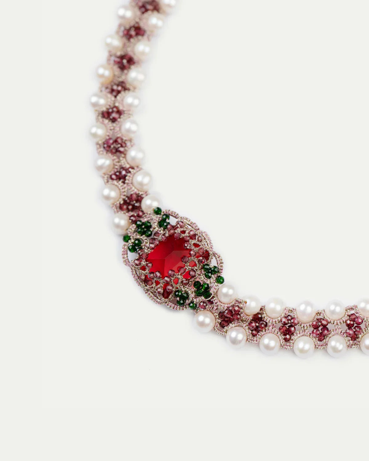 CLEO CHOKER in Silk, Pearl, Pearls color Red angle view with superior finishes and refined design