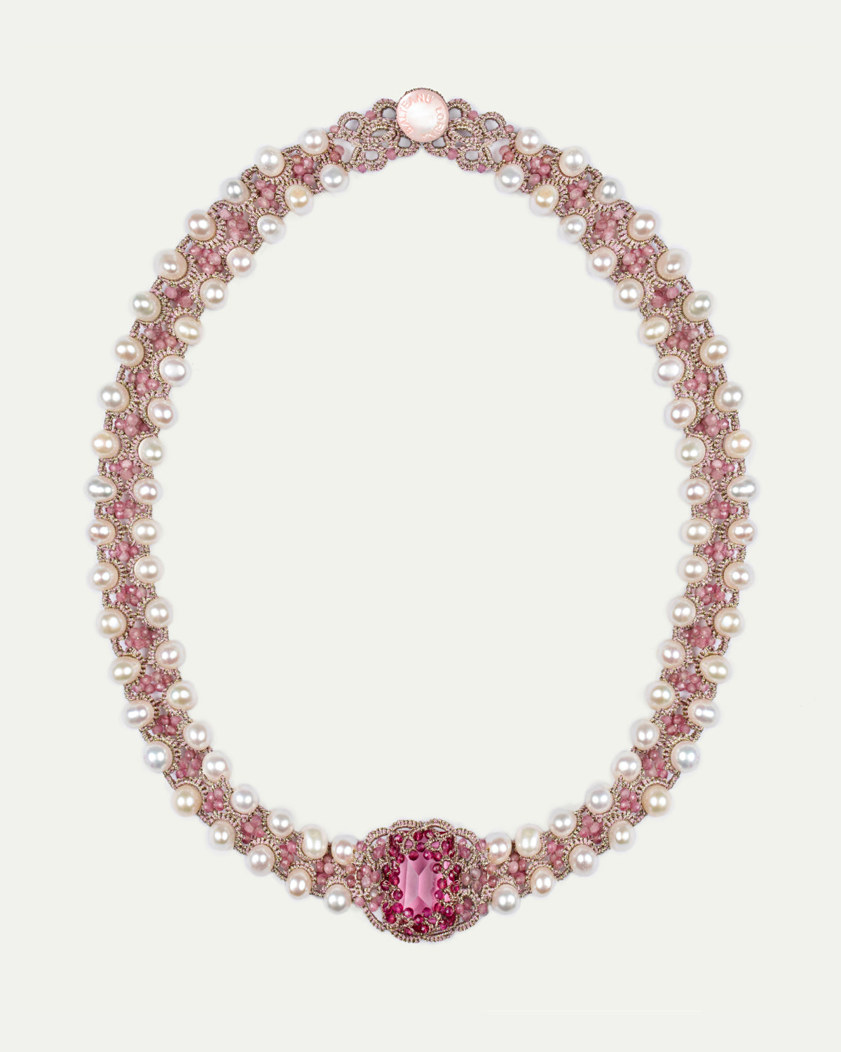 CLEO CHOKER with crystals, freshwater pearls, ruby, pink tourmaline in rose silk and metallized threads.