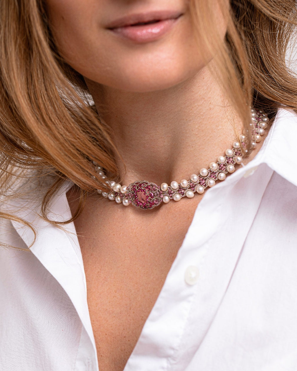 CLEO CHOKER in Silk, Pearl, Pearls color Rose side view with decorative details and quality finishes