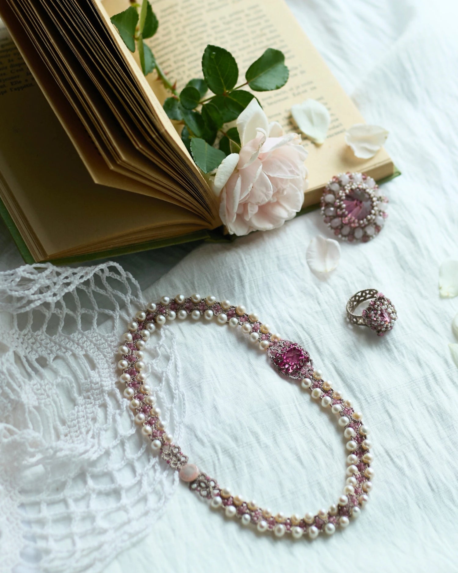 CLEO CHOKER in Silk, Pearl, Pearls color Rose close-up view with premium look and attention to detail