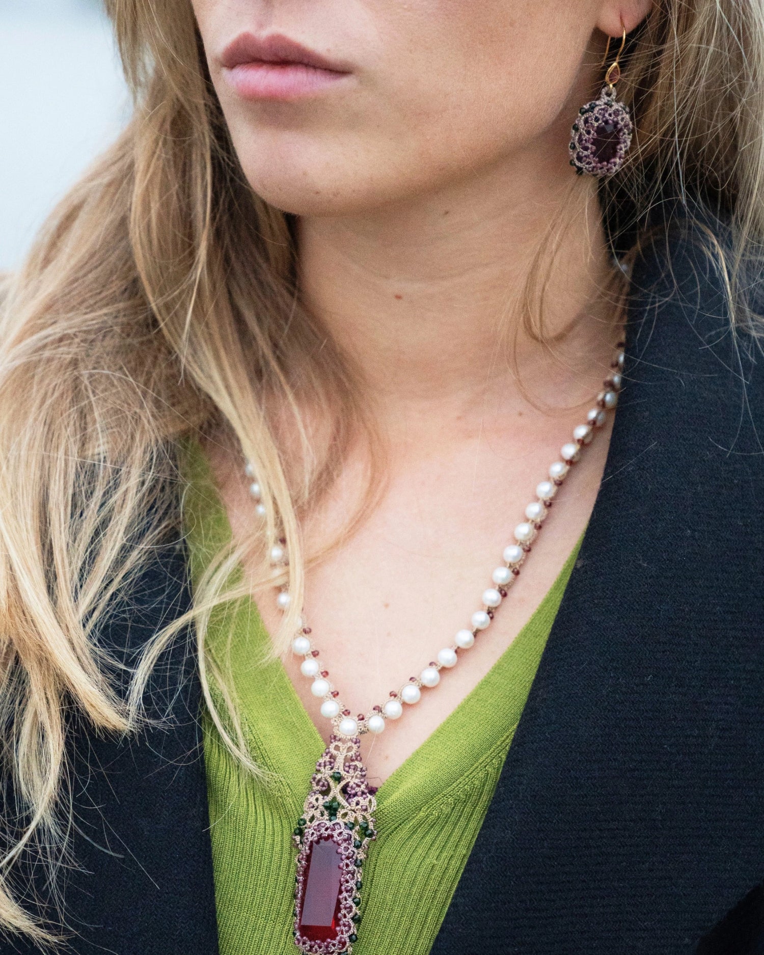 CONSTANCE EARRINGS in Silk, Gold, Silver color Red side view with decorative details and quality finishes