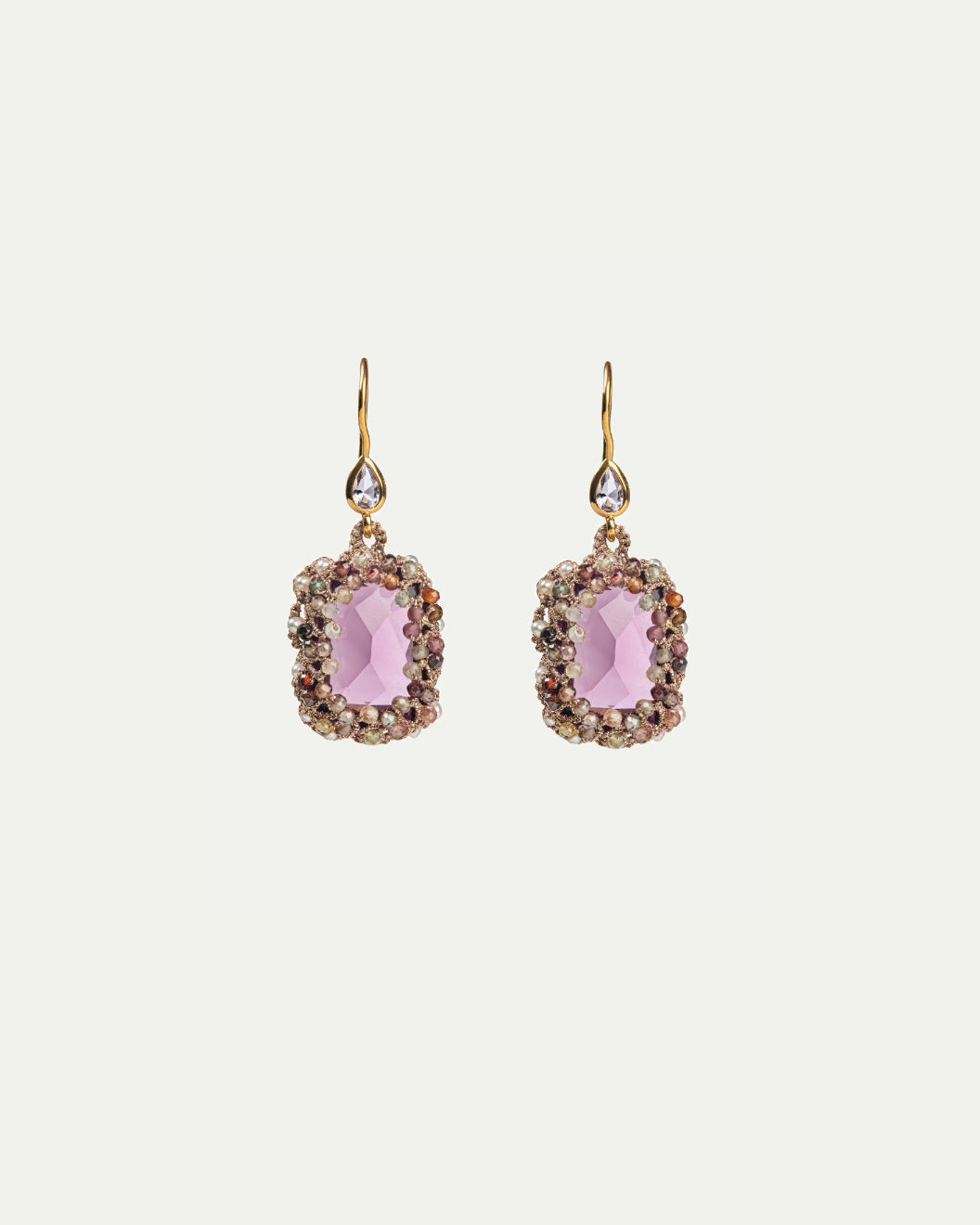 Rose Constance earrings with faceted pink stones, intricate gold hooks, and multicolored gem embellishments.