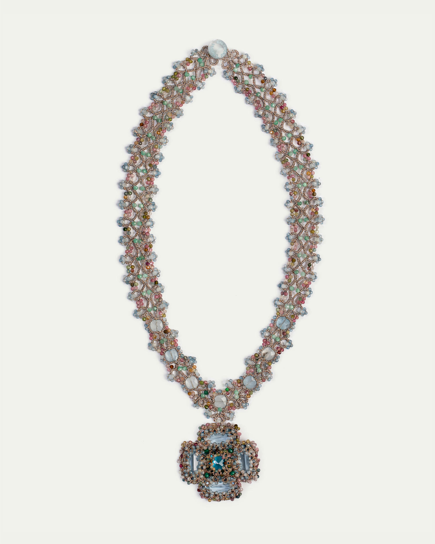 DAHLIA NECKLACE in Silk, Pearl, Crystals color Blue side view with decorative details and quality finishes