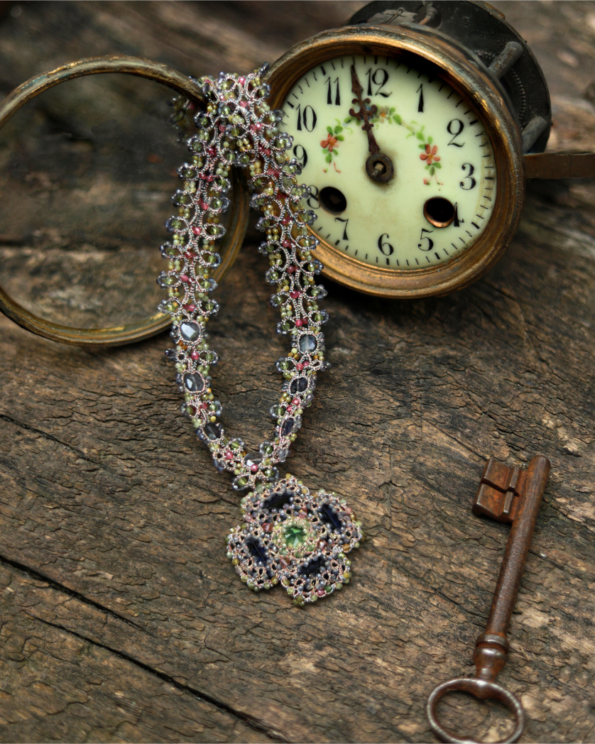 DAHLIA NECKLACE in Silk, Pearl, Crystals color Multicolor close-up view with premium look and attention to detail