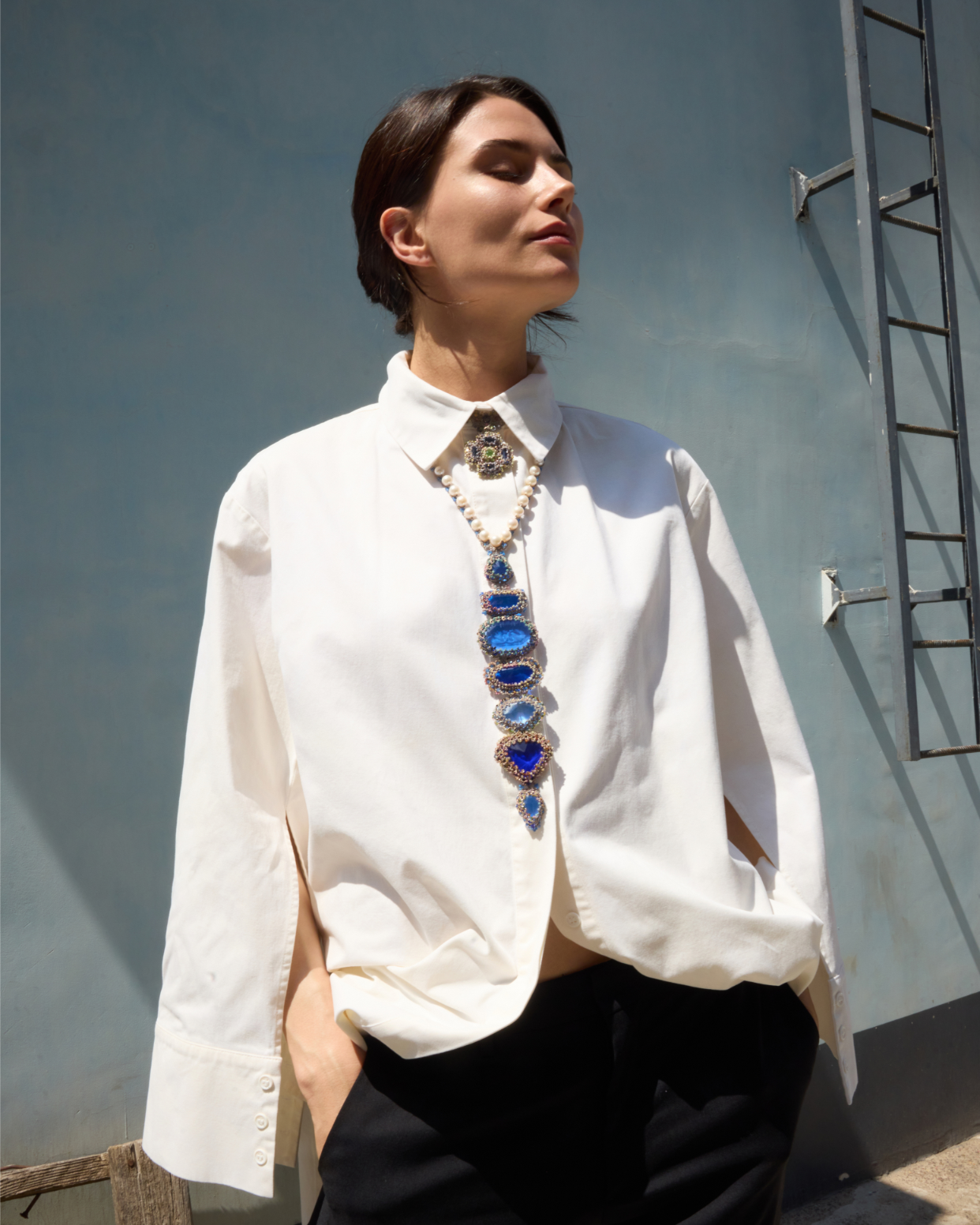 DAHLIA NECKLACE in Silk, Pearl, Crystals color Multicolor angle view with superior finishes and refined design