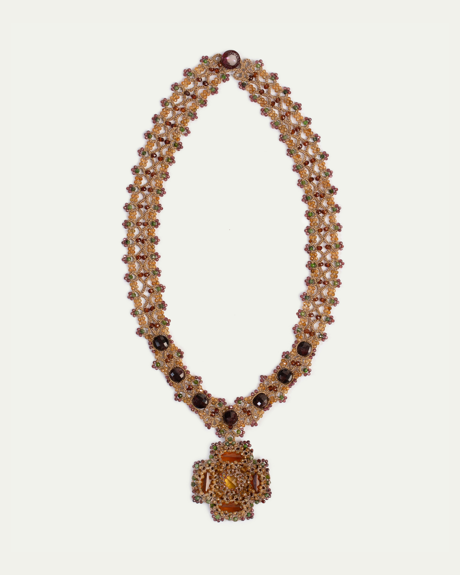 DAHLIA NECKLACE in Silk, Pearl, Crystals color Red side view with decorative details and quality finishes