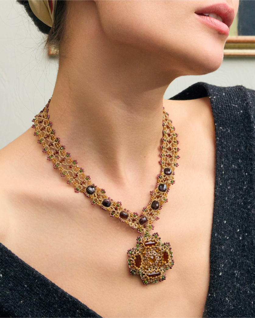 DAHLIA NECKLACE in Silk, Pearl, Crystals color Red angle view with superior finishes and refined design