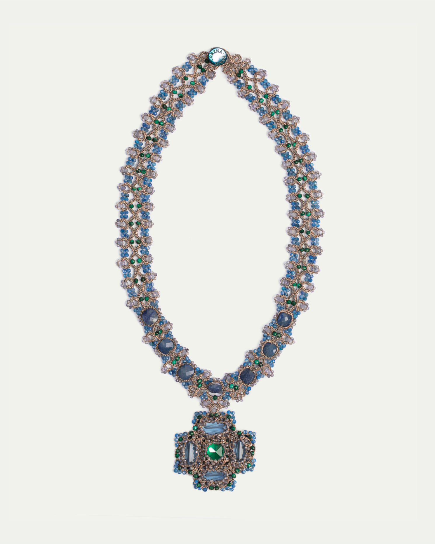 DAHLIA NECKLACE in Silk, Pearl, Crystals color Blue side view with decorative details and quality finishes