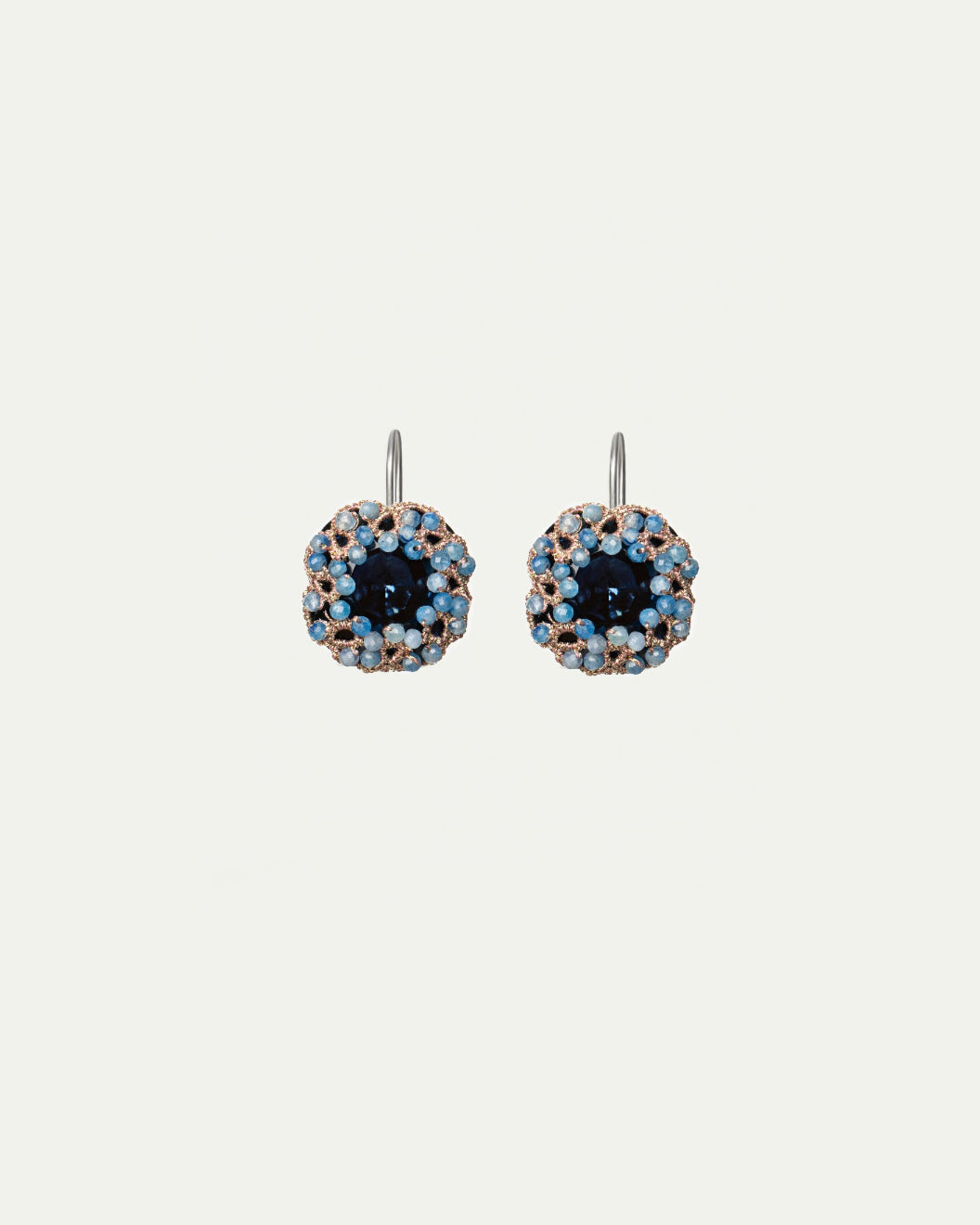 DANI EARRINGS in Silk, Silver, Crystal color Blue detail view with classic and elegant design