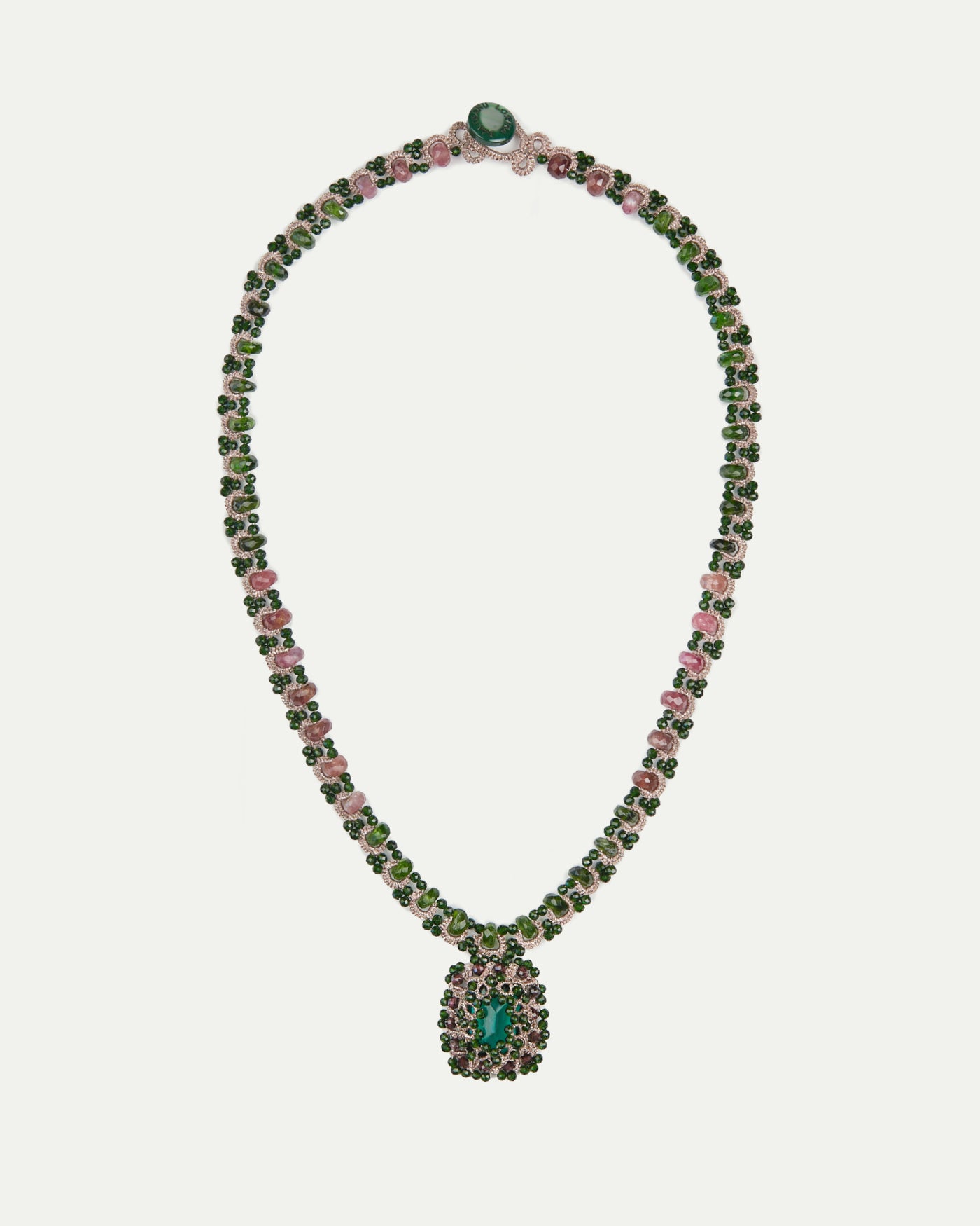 DELPHINE NECKLACE in Silk, Pearl, Crystal color Green side view with decorative details and quality finishes