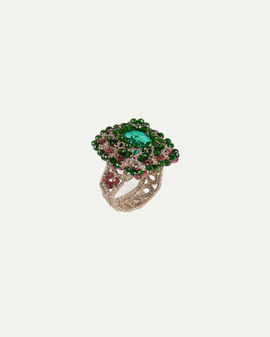 DELPHINE RING in Silk, Crystal, Garnet color Green detail view with classic and elegant design