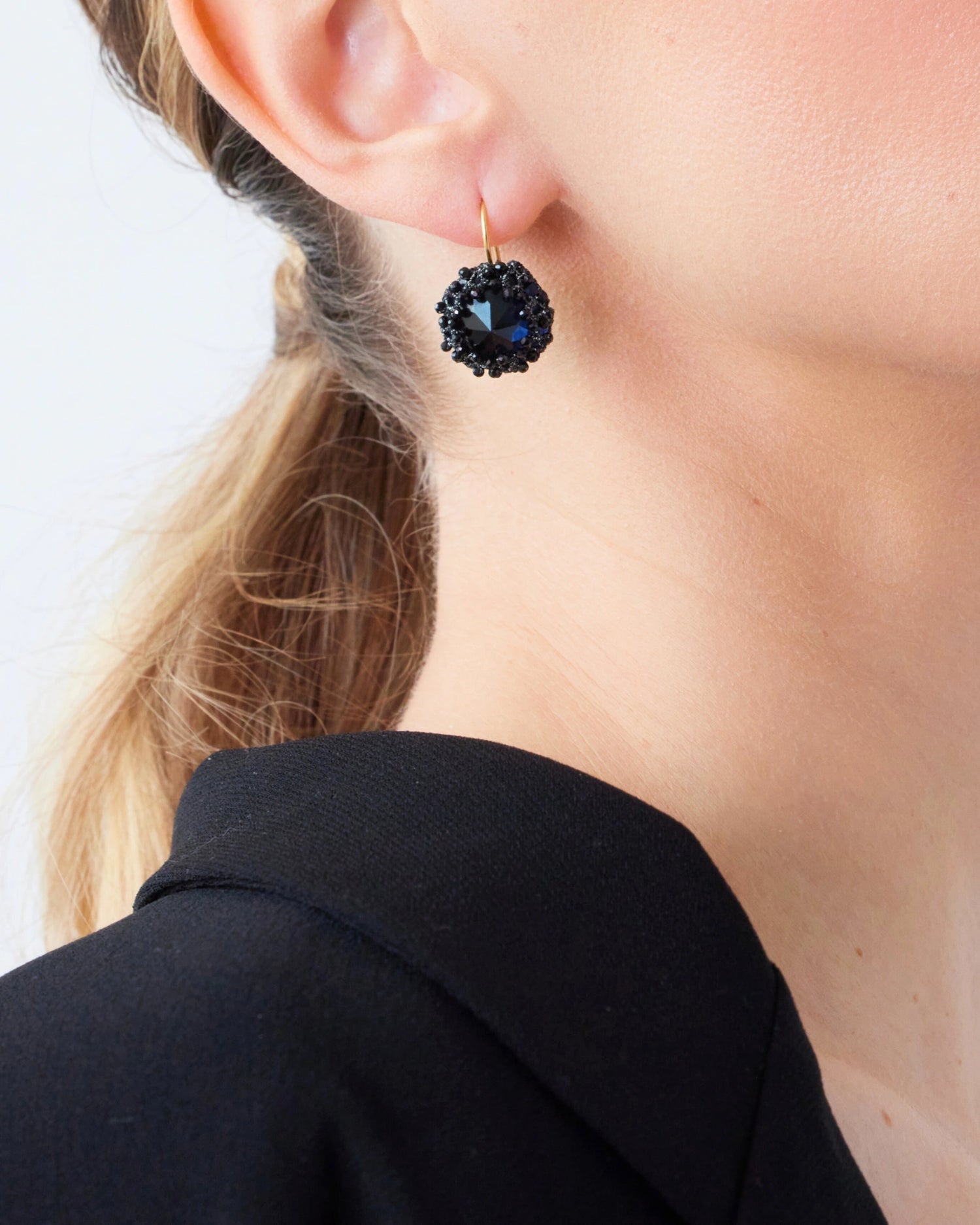 DOLLYTA EARRINGS in Silk, Gold, Silver color Black side view with decorative details and quality finishes