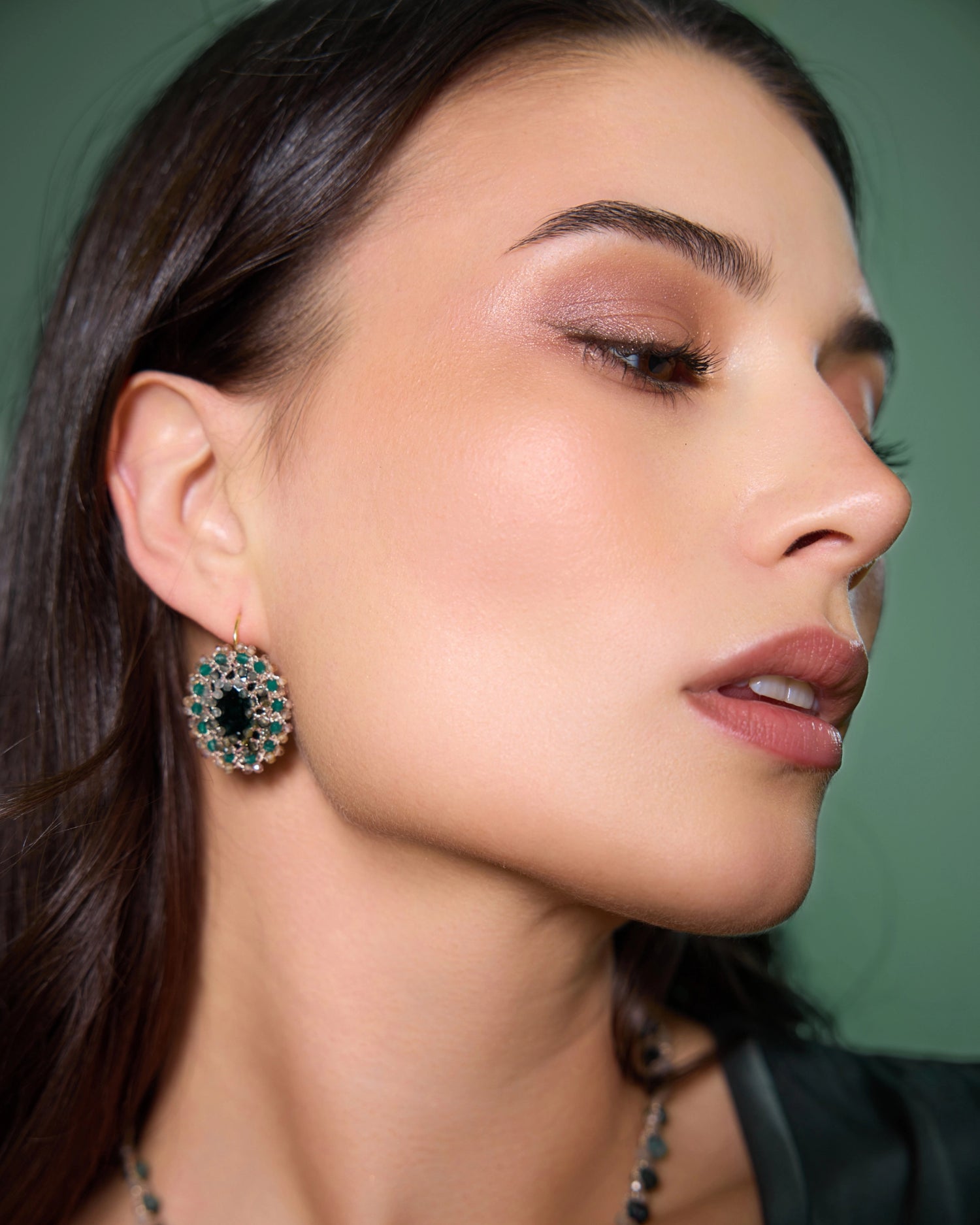 ECATERINA EARRINGS in Silk, Gold, Silver color Green side view with decorative details and quality finishes