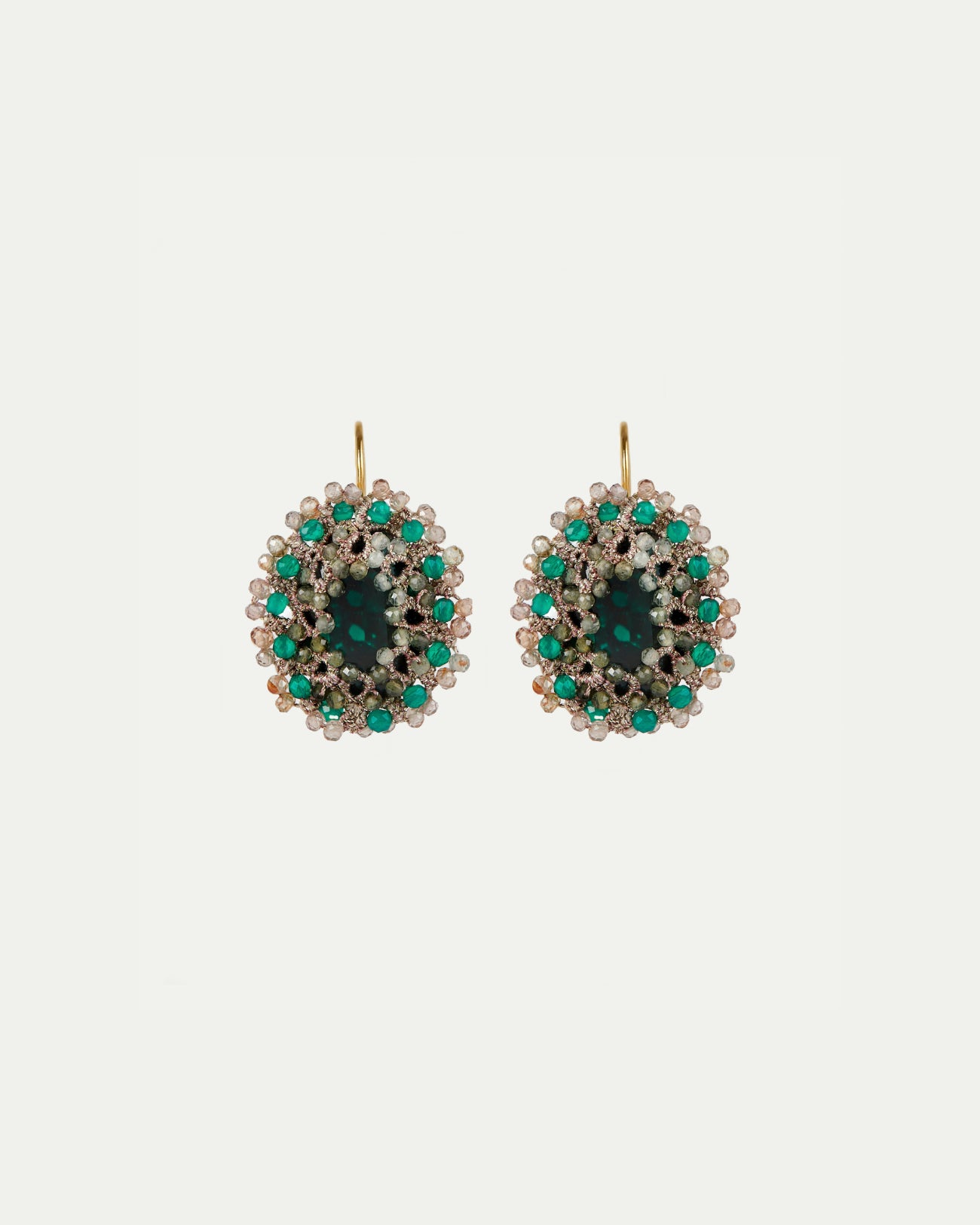Green silk earrings with gold hooks, detailed with silver, crystal, and emerald embellishments.