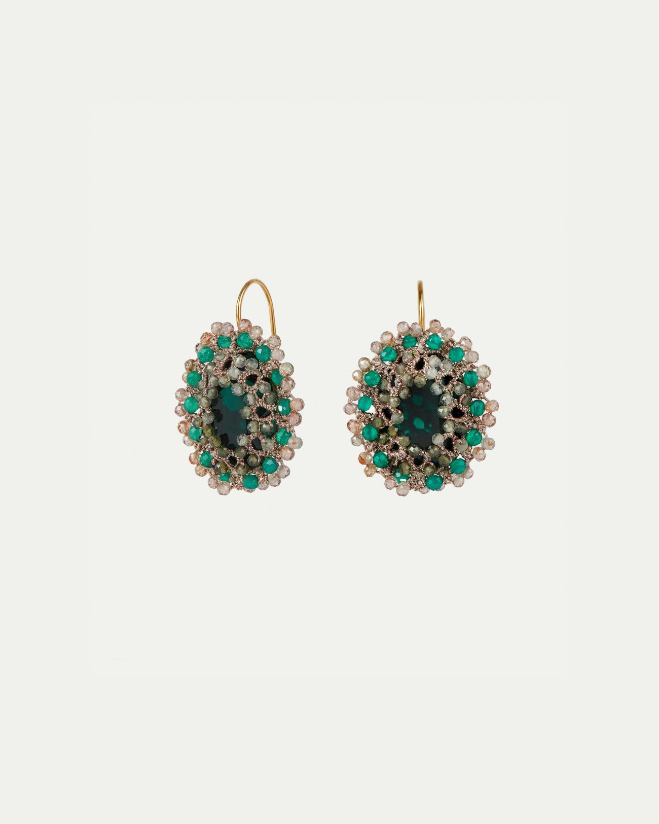 Green ECATERINA earrings with silk, gold, silver, crystal, and emerald details.