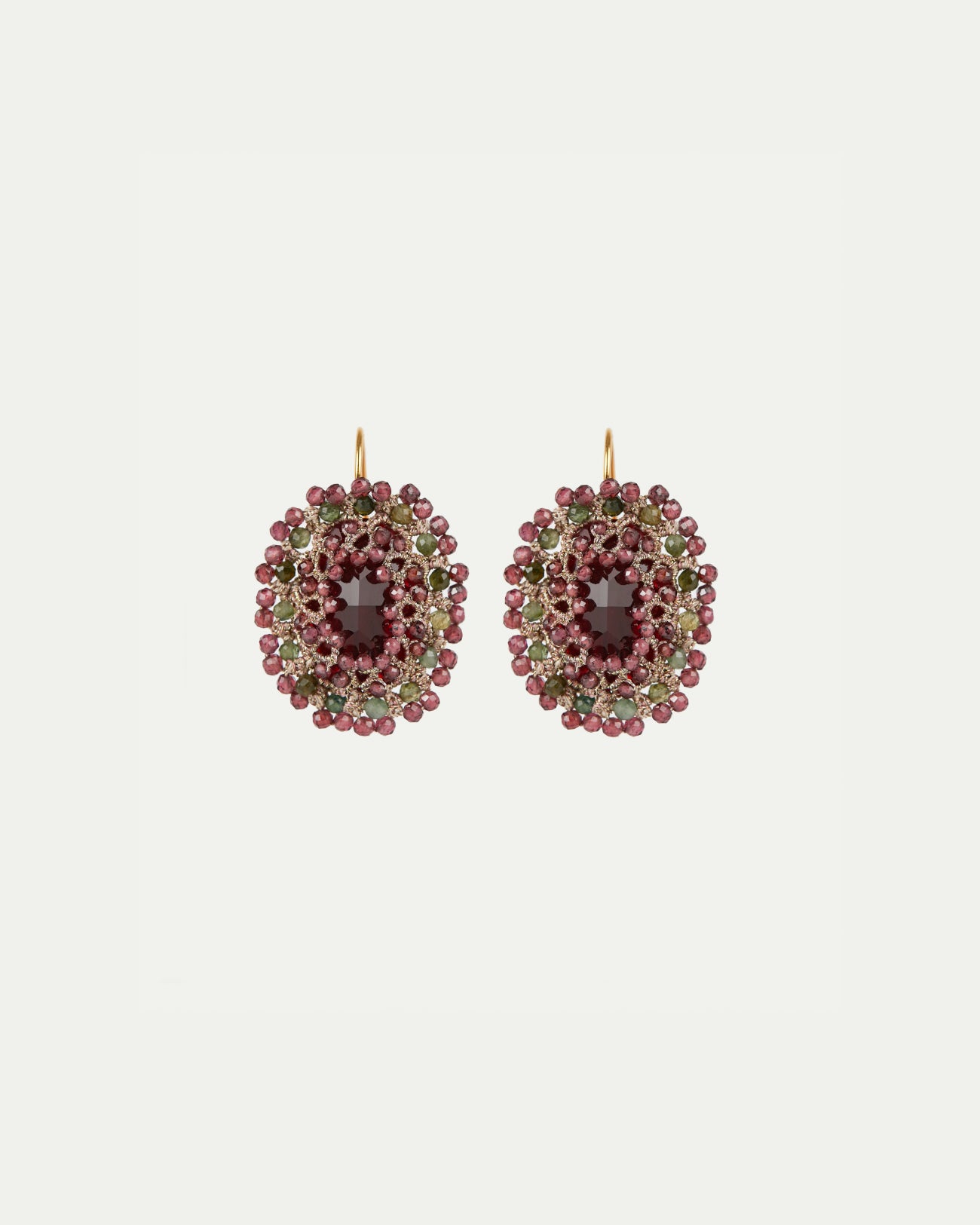 ECATERINA EARRINGS with red crystal, garnet, green garnet gemstones, silk, gold-plated silver hook.