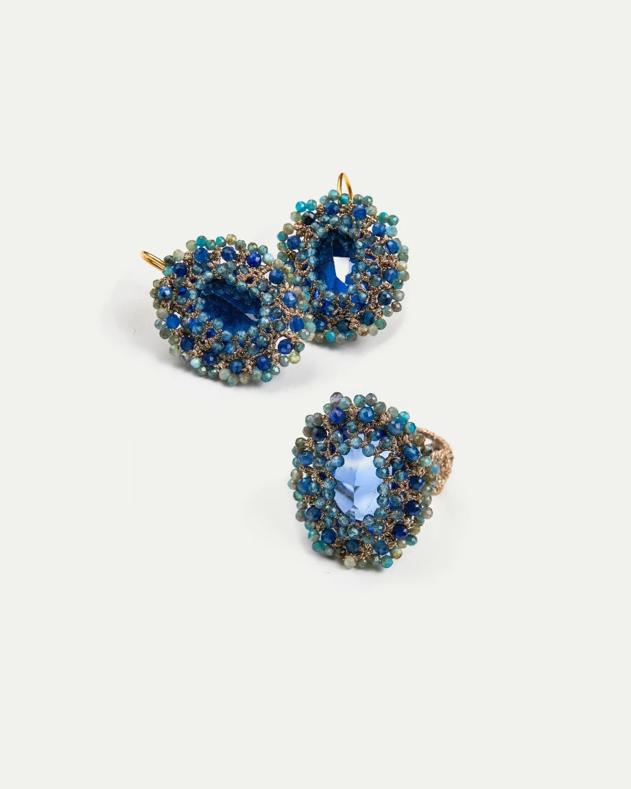 ECATERINA EARRINGS in Silk, Gold, Silver color Blue angle view with superior finishes and refined design