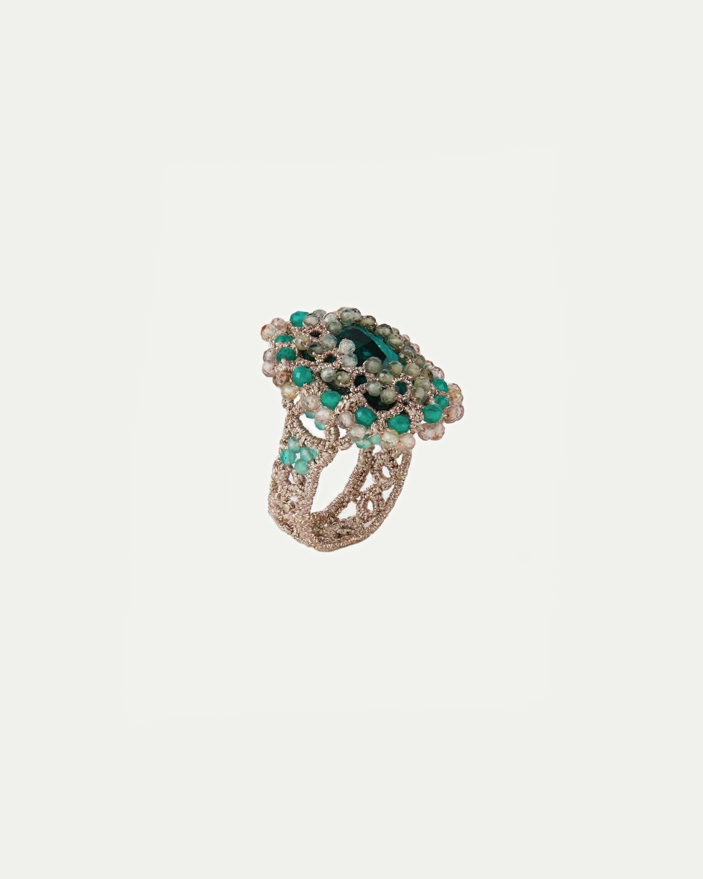 Green ECATERINA RING with silk, crystal, emerald, tourmaline details, intricate texture, available sizes 54, 56, 57.